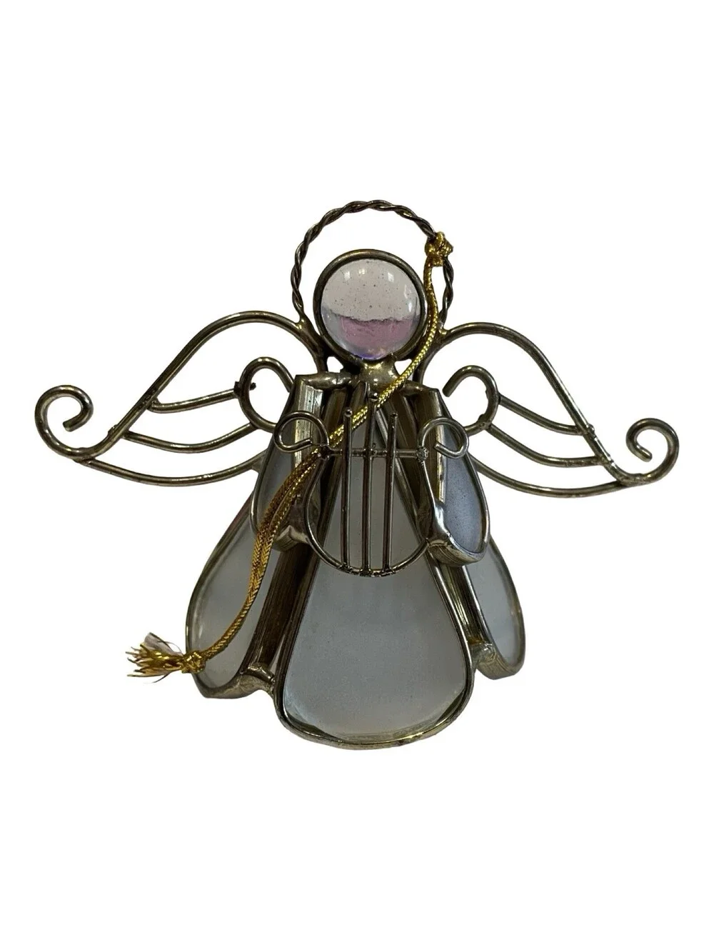 Vintage Angel Christmas Ornament GoldenMetal Frosted Stained Glass Wings